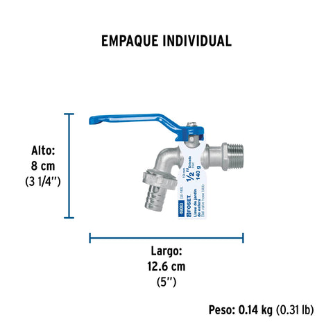 Llave de esfera, de latón, 140 gr, entrada 1/2', FOSET | LLE-140L | 49083