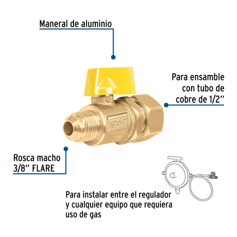 Válvula de control latón para gas 3/8'x1/2' tipo barrilito | VG-554-B | 49116