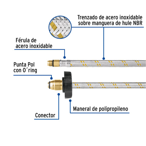 Manguera pigtail, acero inox, 7/16' x 7/8', 55 cm, FOSET | FPIG-55X | 49136