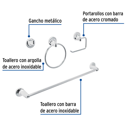 Juego de 4 accesorios para baño metálicos, FOSET AQUA | AQA-4004 | 49164