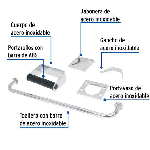 Juego de 5 accesorios para baño, acero inoxidable, BASIC | A-800 | 49255