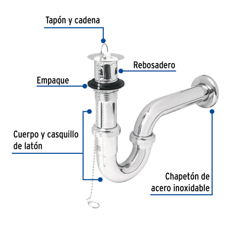 Céspol 1-1/4' c/contra, tapón y cadena, latón cromo,p/lavabo | CE-207 | 49335