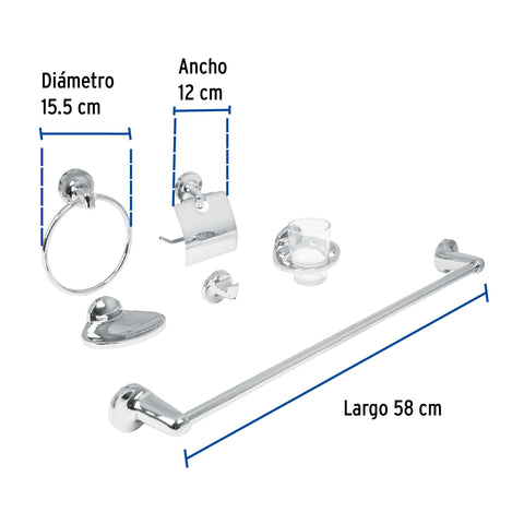 Juego de 6 accesorios para baño metálicos, FOSET AQUA | AQA-4000 | 49395