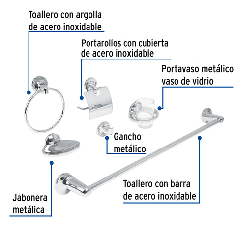 Juego de 6 accesorios para baño metálicos, FOSET AQUA | AQA-4000 | 49395