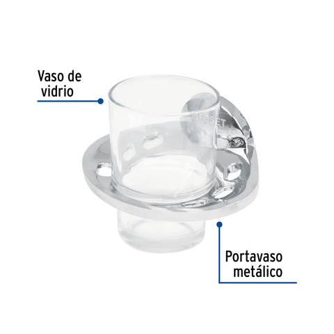 Portavaso cepillero metálico con vaso de vidrio, FOSET AQUA | AQA-71 | 49398