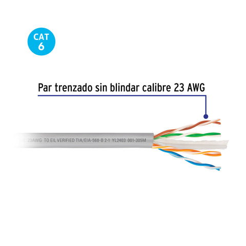 Metro de cable UTP CAT6, Bobina de 305m, gris, VOLTECK | CBR-63G | 49409