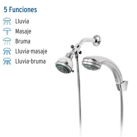 Regadera doble fija y teléfono 3-1/4', 5 funciones, AQUA | R-008 | 49433