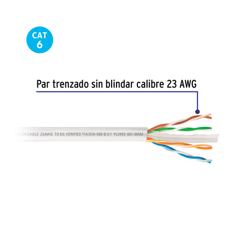 Metro de cable UTP CAT6, Bobina de 305m, blanco, VOLTECK | CBR-63B | 49434