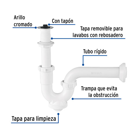 Céspol rígido 1-1/4', con contra, polipropileno, para lavabo | CE-234 | 49508