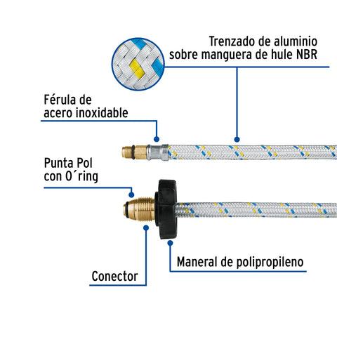 Manguera pigtail, aluminio, 7/16' x 7/8', 55 cm, FOSET | FPIG-55 | 49513