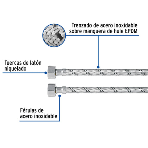 Manguera lavabo/fregadero, acero inox, 1/2' x 1/2', 100 cm | FFR-100X | 49526