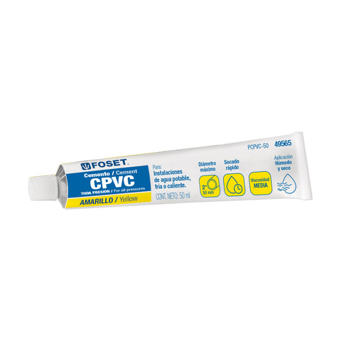 Cemento p/CPVC, amarillo, toda presión, tubo 50ml, FOSET | PCPVC-50 | 49565