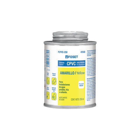 Cemento p/CPVC, amarillo, toda presión, lata 250ml, FOSET | PCPVC-250 | 49568