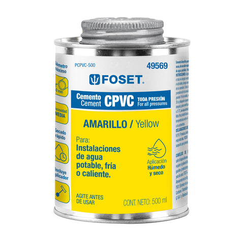 Cemento p/CPVC, amarillo, toda presión, lata 500ml, FOSET | PCPVC-500 | 49569