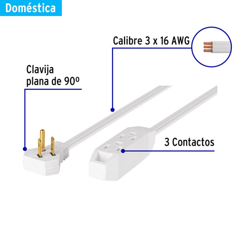Extensión doméstica aterrizada 6 m blanca con clavija plana | EDA-6B | 49571