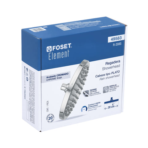 Regadera cromo 8' plato redondo, sin brazo, FOSET ELEMENT | R-208S | 49583