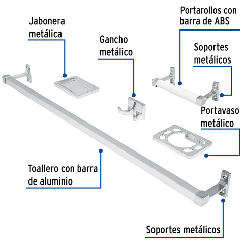 Juego de 5 accesorios para baño, metálicos, cromo, BASIC | A-900 | 49607
