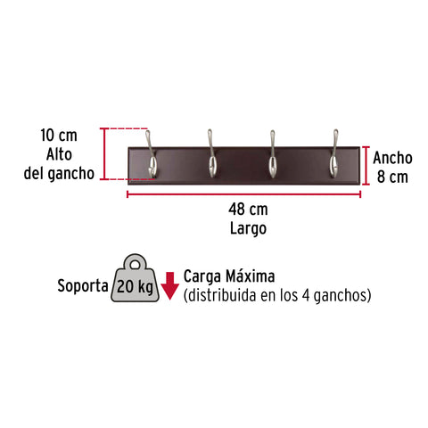 Perchero para pared con 4 ganchos satinados, HERMEX | PEPU-44 | 49624