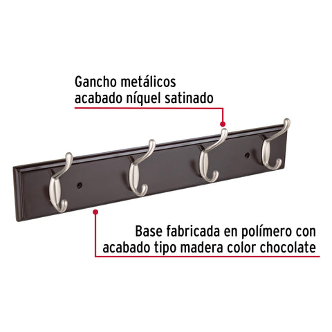 Perchero para pared con 4 ganchos satinados, HERMEX | PEPU-44 | 49624