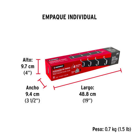 Perchero para pared con 4 ganchos satinados, HERMEX | PEPU-44 | 49624