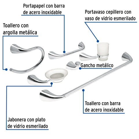 Juego de 6 accesorios para baño metálicos, FOSET AERO | AEA-7000 | 49640