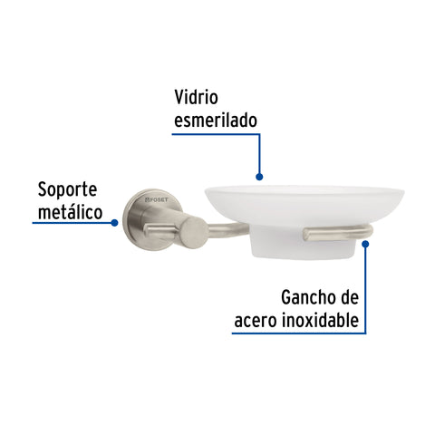 Jabonera metálica satín con plato de vidrio, FOSET ELEMENT | ELA-74N | 49675