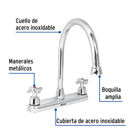 Mezcladora fregadero 8' cromo, cuello largo, cruceta, AQUA | AQF-81 | 49686