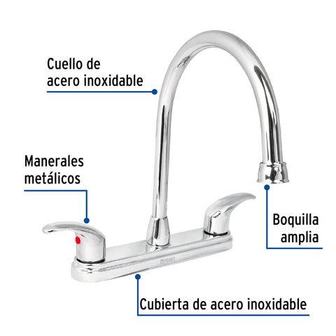 Mezcladora fregadero 8' cromo, cuello largo, palanca, AQUA | AQF-82 | 49687
