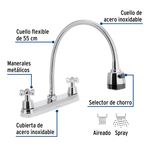 Mezcladora fregadero 8' cromo, cuello flexible, cruceta,AQUA | AQF-87 | 49819