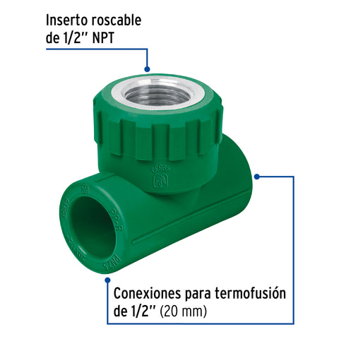 Tee hembra de PPR 1/2' con inserto metálico, FOSET | CV-701 | 49839