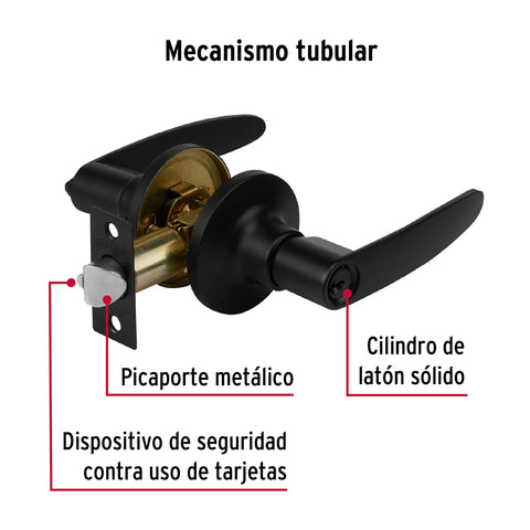 Cerradura manija 'Turín' p/recámara, negro, cilindro latón | CEMA-6R | 49852