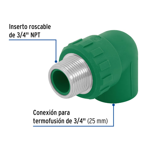 Codo 90° PPR, 3/4', rosca macho con inserto metálico, FOSET | CV-512 | 49856