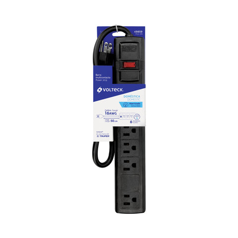 Multicontacto 16 AWG doméstico con 6 entradas, negro Volteck | MUL-6N | 49859