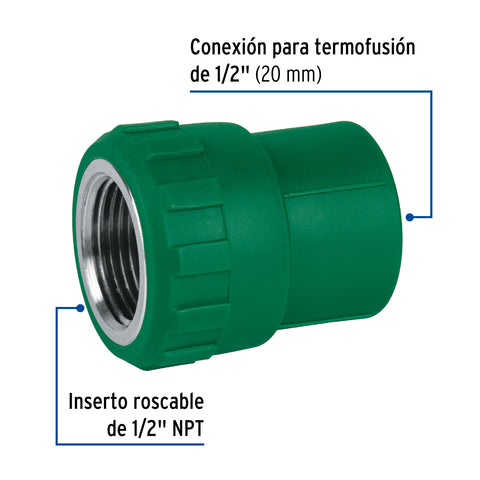 Adaptador PPR 1/2' hembra con inserto metálico, FOSET | CV-601 | 49885