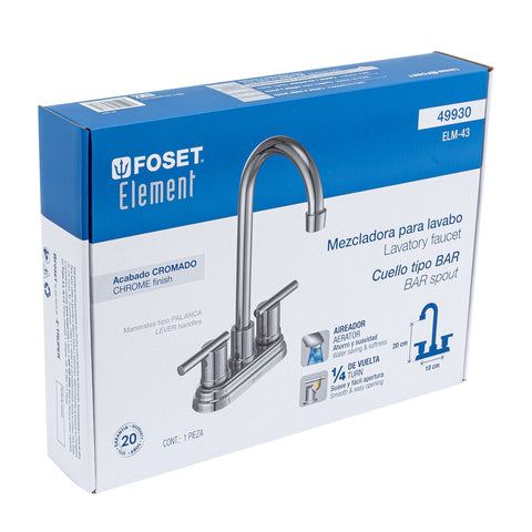 Mezcladora cromo 4' para lavabo cuello tipo bar, ELEMENT | ELM-43 | 49930