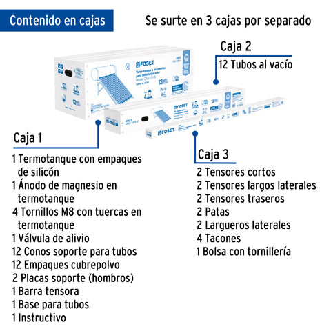 Calentador solar HeatPipe, 12 tubos, 150L, 4 personas, FOSET | CALE-12HS | 49965