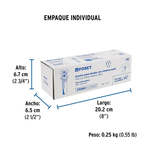 Contra p/lavabo con rebosadero, sistema push, cromo, 1-1/4' | CE-206 | 49984