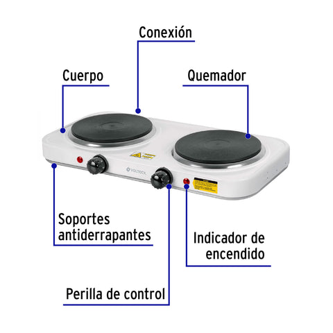 Parrilla eléctrica 2 quemadores de disco, blanca, VOLTECK | PAEL-2CD | 49990