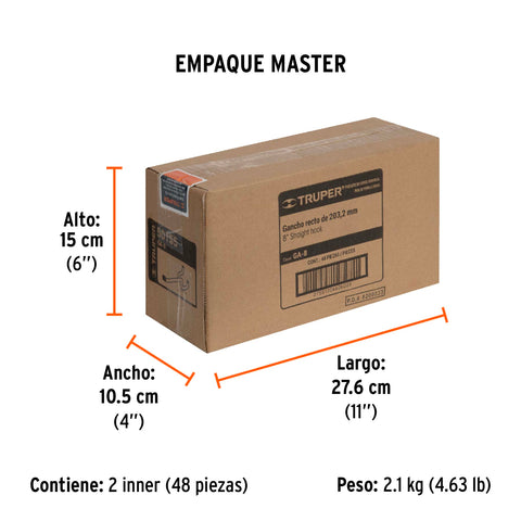 Gancho recto de 8' para perfocel y panel ranurado, Truper | GA-8 | 50155