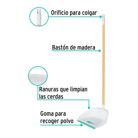 Recogedor plástico con bastón de madera, KLINTEK | RECO-11B | 57024