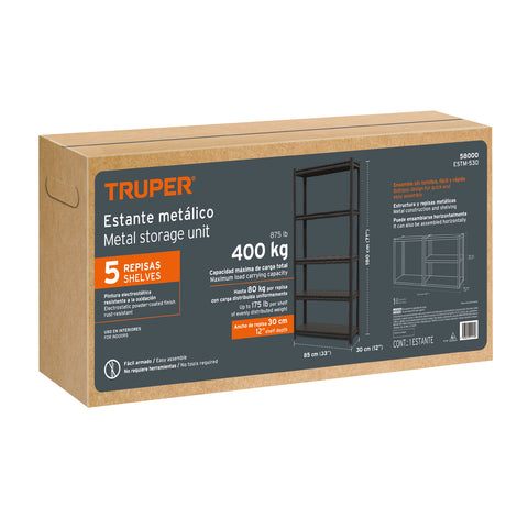Estante metálico 5 repisas capacidad 80 Kg,180x30x85, TRUPER | ESTM-530 | 58000