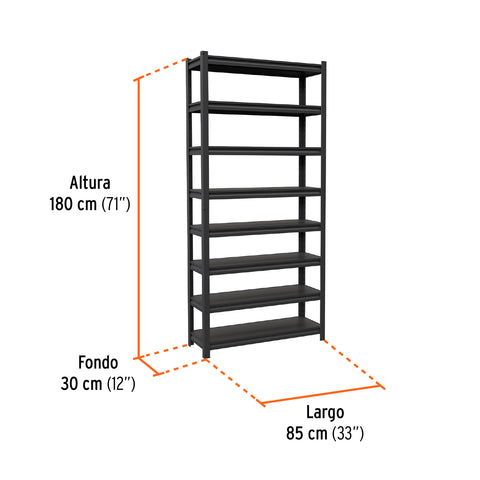 Estante metálico 8 repisas capacidad 80 Kg,180x30x85, TRUPER | ESTM-830 | 58001