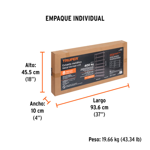 Estante metálico 8 repisas capacidad 80 Kg,180x30x85, TRUPER | ESTM-830 | 58001