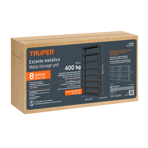 Estante metálico 8 repisas capacidad 80 Kg,180x30x85, TRUPER | ESTM-830 | 58001