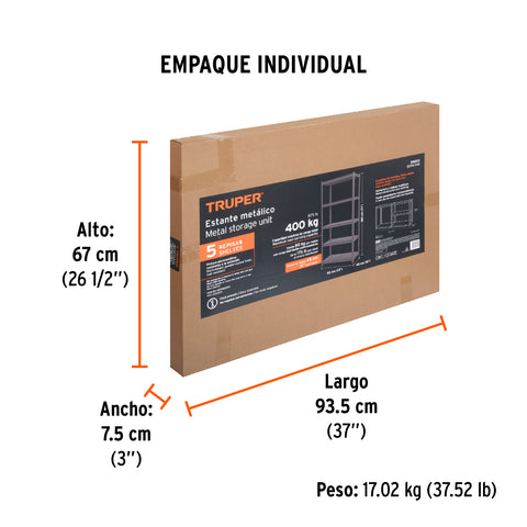 Estante metálico 5 repisas capacidad 80 Kg,180x45x85, TRUPER | ESTM-545 | 58003