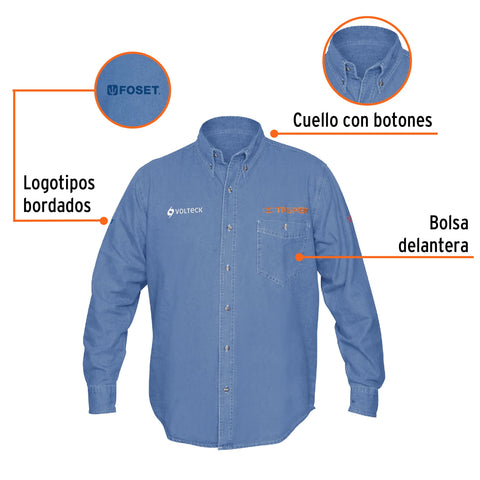 Camisa de mezclilla manga larga para hombre, CH, Truper | CAM-MEZ-LS | 60336