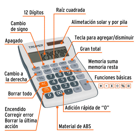 Calculadora de bolsillo, Truper | CALC-12B | 60480
