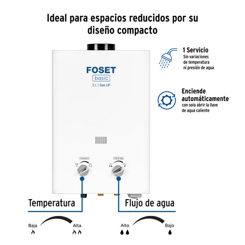 Calentador instantáneo, 5L, 1 servicio, gas LP, FOSET BASIC | CALE-5I | 43929