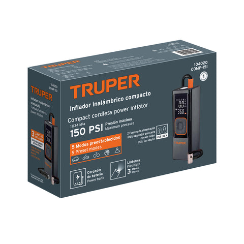 Inflador de aire inalámbrico portátil 150 PSI, TRUPER | COMP-15I | 104020