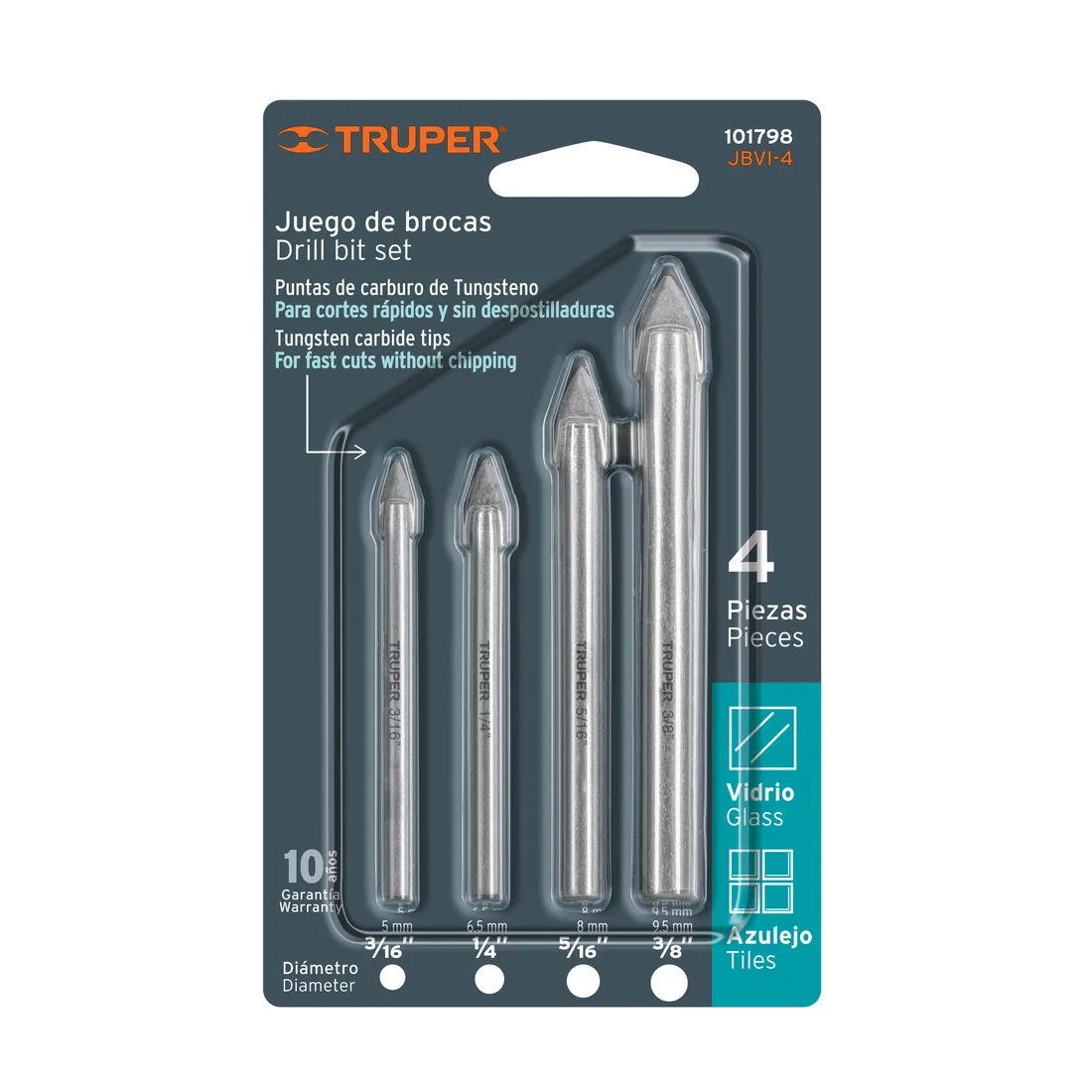 Juego de 4 brocas para vidrio y azulejo, TRUPER